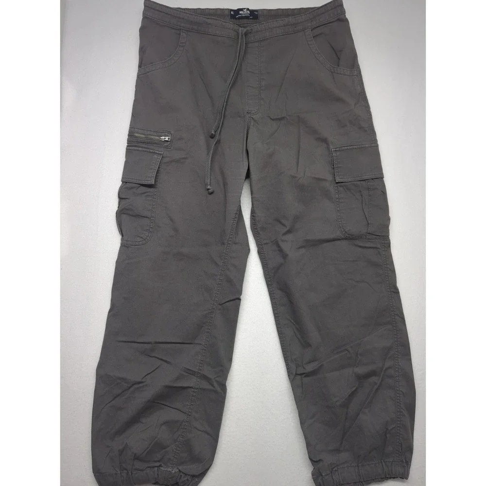 Hollister Cargo Baggy Pants Gray Mens XL Drawstring Parachute Knit